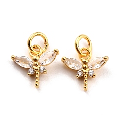 Clear Brass Micro Pave Cubic Zirconia Charms, Real 18K Gold Plated, Cadmium Free & Lead Free, Autumn Pendants, Dragonfly, Clear, 10x10.5x3mm, Hole: 3.8mm