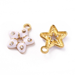 White 304 Stainless Steel Rhinestone Pendants, with Enamel, Golden, Star Charm, White, 16x13x2.5mm, Hole: 2.2mm