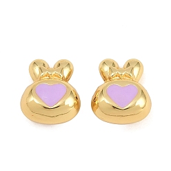 Purple Brass Enamel Beads, Rabbit with Heart, Rack Plating, Long-Lasting Plated, Lead Free & Cadmium Free, Real 18K Gold Plated, Purple, 15x13x8mm, Hole: 2.5mm