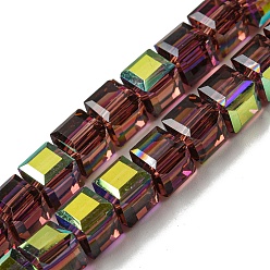 Rosy Brown Electroplate Glass Beads Strands, Half Rainbow Plated, Faceted, Cube, Rosy Brown, 7~7.5x7~7.5x7~7.5mm, Hole: 1mm