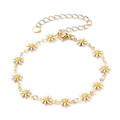Golden Brass Enamel Daisy Link Bracelets, with 304 Stainless Steel Lobster Claw Clasps & Heart Charms, Golden, 7-1/2 inch(18.9cm)