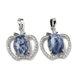 (306FM) Жонкиль матовый с лаймовой подкладкой Натуральная голубая пятнистая яшма с подвесками из прозрачного кубического циркония, подвески в виде яблока со стойкой, фурнитура из латуни, платина, без кадмия и без свинца, 28.5x25.5x9~10 мм, отверстие : 7x5 мм