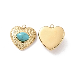Synthetic Turquoise Synthetic Turquoise Pendants, with Ion Plating(IP) Real 18K Gold Plated 304 Stainless Steel Findings, Heart Charm, 19x18.5x6.5mm, Hole: 2mm