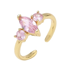 Pink Латунные микропаве кубические цирконии манжеты открытые кольца для женщин, лошадиный глаз , со стеклом, долговечный, стойки покрытие, реальный 18 k позолоченный, розовые, 11 мм, внутренний диаметр: 18 мм