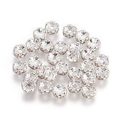 Silver Iron Rhinestone Spacer Beads, Grade B, Waves Edge, Rondelle, Silver Color Plated, Clear, Size: about 8mm in diameter, 3.5mm thick, hole: 1.5mm