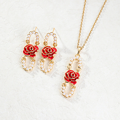 Red Plastic Beaded Oval with Flower Jewelry Set, Golden Alloy Dangle Stud Earrings & Pendant Necklace, Red, Necklaces: 450mm, Earring: 35x12mm
