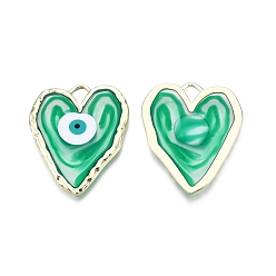 Green Alloy Enamel Pendants, Golden, Heart with Evil Eye, Green, 37.5x31x2mm, Hole: 4x5mm