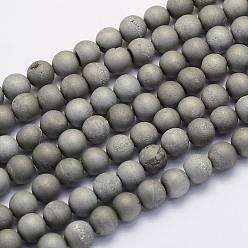 Platinum Plated Electroplate Natural Druzy Agate Beads Strands, Dyed, Round, Frosted, Platinum Plated, 6mm, Hole: 1mm, about 62pcs/strand, 15.7 inch(40cm)