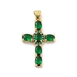 Green Rack Plating Brass Micro Pave Cubic Zirconia Pendants, Long-Lasting Plated, Lead Free & Cadmium Free, Cross, Real 18K Gold Plated, Religion, Green, 29.5x19x3.5mm, Hole: 3.5x4mm