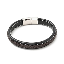 Coconut Brown Cowhide Braided Flat Cord Bracelet with 304 Stainless Steel Magnetic Clasps, Gothic Jewelry for Men Women, Coconut Brown, 9-5/8 inch(24.5cm)