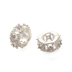 Серебро Реечное покрытие латунь микро паве прозрачный кубический цирконий европейские бусины, бусины с большим отверстием, долговечный, без свинца и без кадмия, плоско-круглые, серебряные, 8x4 мм, отверстие : 4.5 мм