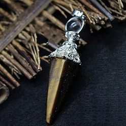 Tiger Eye Natural Tiger Eye Big Pendants, Faceted Cone/Spike Pendulum Charms with Metal Snap on Bails, 60x17mm