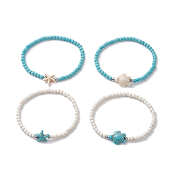 Mixed Color 4Pcs 4 Style Dyed Synthetic Turquoise Starfish & Turtle Beaded Stretch Bracelets Set for Women, Mixed Color, Inner Diameter: 2-1/4 inch(5.7cm), 1Pc/style