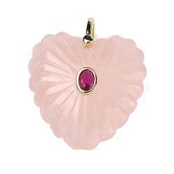 Cuarzo Rosa Colgantes tallados de cuarzo rosa natural, Dijes de corazón de cristal de roca con hallazgos de circonita cúbica micropavé de latón., dorado, oval, 32x30x11.5 mm, agujero: 6x5.5 mm