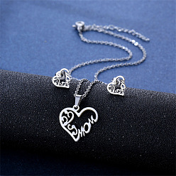 Stainless Steel Color Word Love Mom Jewelry Set, Heart Shape 304 Stainless Steel Pendant Necklace and Stud Earrings for Mother's Day, Stainless Steel Color, 17.72 inch(45cm)