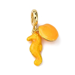 Золотистый Латунные эмалированные европейские подвески с подвесками, подвески с большим отверстием в форме ракушки морского конька, долговечный, стойки покрытие, без кадмия и без свинца, реальный 18 k позолоченный, золотые, 32 мм, отверстие : 5.5 мм