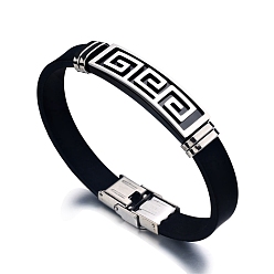 Stainless Steel Color Stainless Steel Greek Pattern Bracelet, Silicone Cord Bracelet, for Men, Stainless Steel Color, 7-7/8 inch(20cm)