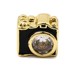 Черный Латунные микропаве прозрачные кубические циркониевые эмалевые бусины, камера, без свинца и без кадмия, долговечный, реальный 18 k позолоченный, стойки покрытие, чёрные, 9x9.5x6 мм, отверстие : 2 мм