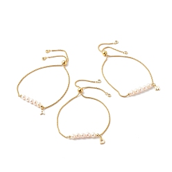 Golden Adjustable Natural Pearl Beads Slider Bracelets, with 304 Stainless Steel Venetian Chains and Brass Word Charm, Golden, 0.15cm, Inner Diameter: 1/4~2-7/8 inch(0.7~7.3cm)