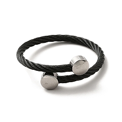 Black 304 Stainless Steel Twist Rope Open Cuff Bangle with Flat Round Beaded for Women, Electrophoresis Black & Stainless Steel Color, Inner Diameter: 2 inch(5.2cm)