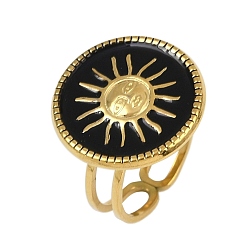 Черный Плоские круглые с рисунком солнца 304 эмалевые перстни из нержавеющей стали для женщин, ионное покрытие (ip), реальный 18 k позолоченный, чёрные, плоско-круглые: 18.5 mm, размер США 6 (16.5 мм)