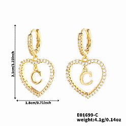 Letter C Латунные серьги-кольца в форме сердца, с четким кубического циркония, золотые, буква С, 31x18 мм