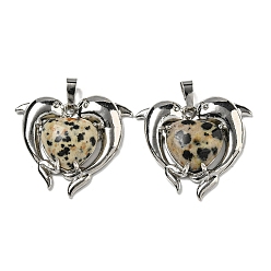 Далматинских Джаспер Подвески в форме сердца из натуральной далматинской яшмы, латунные подвески в виде дельфинов, платина, без кадмия и без свинца, 29x32.5x8.5 мм, отверстие : 8x5 мм