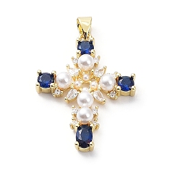 Dark Blue Brass Pave Cubic Zirconia with ABS Plastic Imitation Pearl Pendants, Real 18K Gold Plated, Cross, Dark Blue, 31x23.5x5mm, Hole: 3.5x4.5mm
