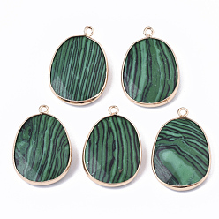 Malachite Synthetic Malachite Pendants, with Golden Plated Edge Brass Findings, Nickel Free, Faceted, Oval, 25~26x17~18x5mm, Hole: 1.4mm
