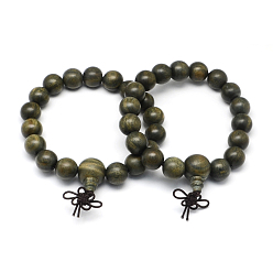 Olive Drab Verawood Wood Mala Bead Bracelets, Stretch Bracelets, Olive Drab, Inner Diameter: 55~60mm, Round Bead: 12mm