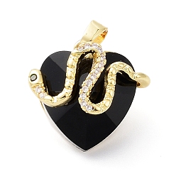 Black Real 18K Gold Plated Rack Plating Brass Micro Pave Cubic Zirconia Pendants, with Glass, Long-Lasting Plated, Cadmium Free & Lead Free, Snake with Heart, Black, 21x22.5~23x12.5~13.5mm, Hole: 3.5x5mm