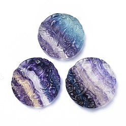 Fluorite Carved Natural Fluorite Pendants, Round with Bird & Flower, 37~42x7.5mm, Hole: 0.8mm