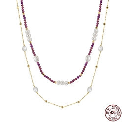 Real 14K Gold Plated Natural Lepidolite & Pearl Beaded Double Layer Necklaces, with 925 Sterling Silver Chains, with 925 Stamp, Real 14K Gold Plated, 15.98 inch(40.6cm)