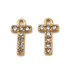 Letter T Ионное покрытие (ip) 304 подвески со стразами из нержавеющей стали, золотые, Письмо T, 10x5.5x2, отверстие : 1 мм