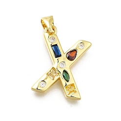 Letter X Латунные микропаве прозрачные подвески с фианитом, с целью перехода в кольце, без свинца и без кадмия, долговечный, стойки покрытие, письмо амулеты, реальный 18 k позолоченный, Письмо X, 19~21x9.5~20x2.7 мм, Перейти кольцо: 5x1 мм, 3 mm внутреннего диаметра.