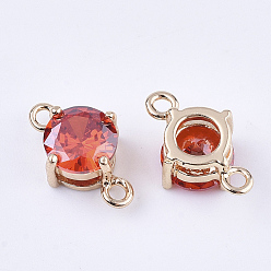 Tomato Transparent Glass Links connectors, with Brass Findings, Faceted, Flat Round, Light Gold, Tomato, 12x7.5x5mm, Hole: 1.2mm