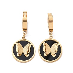 Golden Black Resin Butterfly Dangle Hoop Earrings with, Ion Plating(IP) 304 Stainless Steel Jewelry for Women, Golden, 34mm, Pin: 1mm