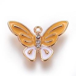 Gold Zinc Alloy Pendants, with Enamel and Rhinestone, Butterfly, Light Gold, Gold, 18x25.5x3.5mm, Hole: 1mm
