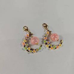 Легкий Лосось 2шт. акриловые и смоляные искусственные жемчужины и сплавные подвесные украшения, луна с цветком, Сплав с застежками когтя омара, светлый померанцевый, 59 мм