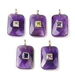 Аметист Подвески из натурального аметиста , Подвески с прямоугольной огранкой и латунной микропаве из кубических цирконий разных цветов, золотые, 25x18x6~8 мм, отверстие : 2.5x3.5 мм