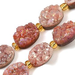 Pink Гальванизированные натуральные druzy кварцевые бисерные пряди, с бисером, Плоско-овальные, розовые, 14~14.5x10~10.5x4.5~7.5 мм, отверстие : 0.7 мм, около 11 шт / нитка, 7.17~7.48 дюйм (18.2~19 см)