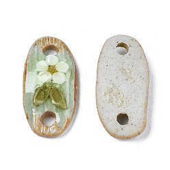 Light Green Handmade Porcelain Conector Charms, Famille Rose Style, Oval with Flower, Light Green, 28~29x14~15x5~6mm, Hole: 2.5~3mm