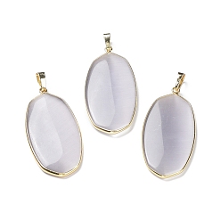 Gray Cat Eye Pendants, with Golden Tone Brass Findings, Cadmium Free & Lead Free, Oval Charms, Gray, 48x22x4.5mm, Hole: 8x5mm