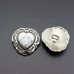 Белый Легированные Пуговицы, с синтетическими бирюзовый, сердце, античное серебро, белые, 29x30 мм