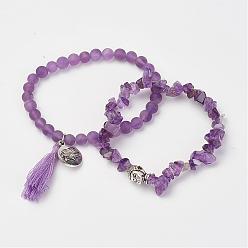 Amethyst Natural Amethyst Beads Stretch Bracelets, with Brass & Alloy Findings, Frosted, Round & Chips, Burlap Packing, 2 inch~2-1/8 inch(50~53mm), 2strands/set