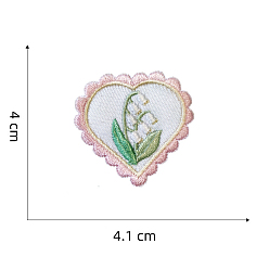 Pink Computerized Embroidery Cloth Self-adhesive/Sew on Patches, Costume Accessories, Heart with Lily of the Valley, Pink, 40x41mm
