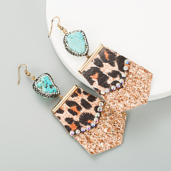 Blue Leopard Print Leather Earrings with Diamond Embellishments - Exaggerated Ear Decor.