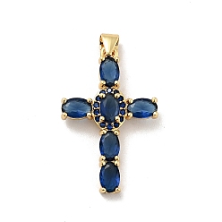Prussian Blue Rack Plating Brass Micro Pave Cubic Zirconia Pendants, Long-Lasting Plated, Lead Free & Cadmium Free, Cross, Real 18K Gold Plated, Religion, Prussian Blue, 29.5x19x3.5mm, Hole: 3.5x4mm