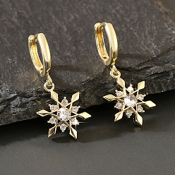 Doré  Boucles d'oreilles créoles pendantes en laiton serties de micro-pavés de zirconiums cubiques en forme de flocon de neige pour femmes, or, 28x12mm