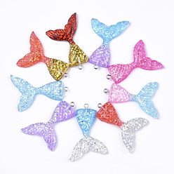 Mixed Color Resin Pendants, with Glitter Powder and Iron Findings, Mermaid Tail Shape, Platinum, Mixed Color, 46x30x6mm, Hole: 2mm